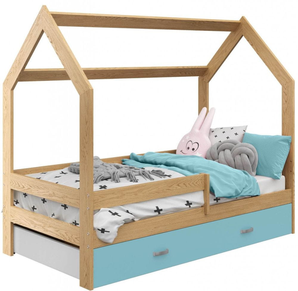 eoshop Detská posteľ Domček 80x160 cm D3, rošt ZADARMO - borovica, zábrana: borovica, úlož. jednoducho: modrá, matracu: bez matraca